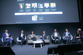 From left: Patrick Laurent of Deloitte, Enea Taga of Google, Biba Homsy of Homsy Legal (speaking), Thilo Derenbach of Clearstream, Fred Van Ingelgom of HSBC, Luc Falempin of Tokeny and Paolo Brignardello of FundDLT. Matic Zorman / Maison Moderne