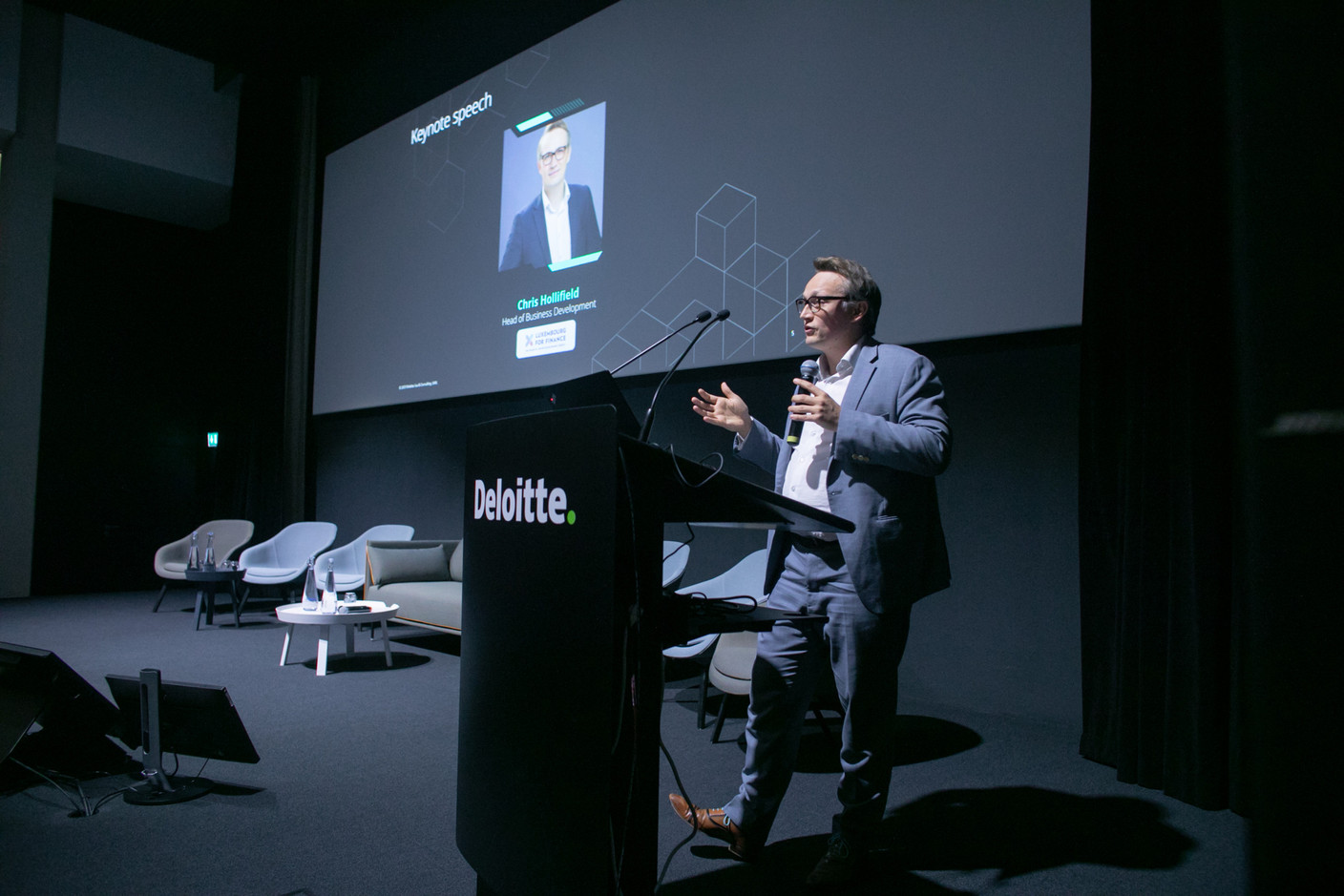 Chris Hollifield of Luxembourg for Finance is seen speaking during Deloitte’s digital assets conference, 20 April 2023. Photo: Matic Zorman / Maison Moderne