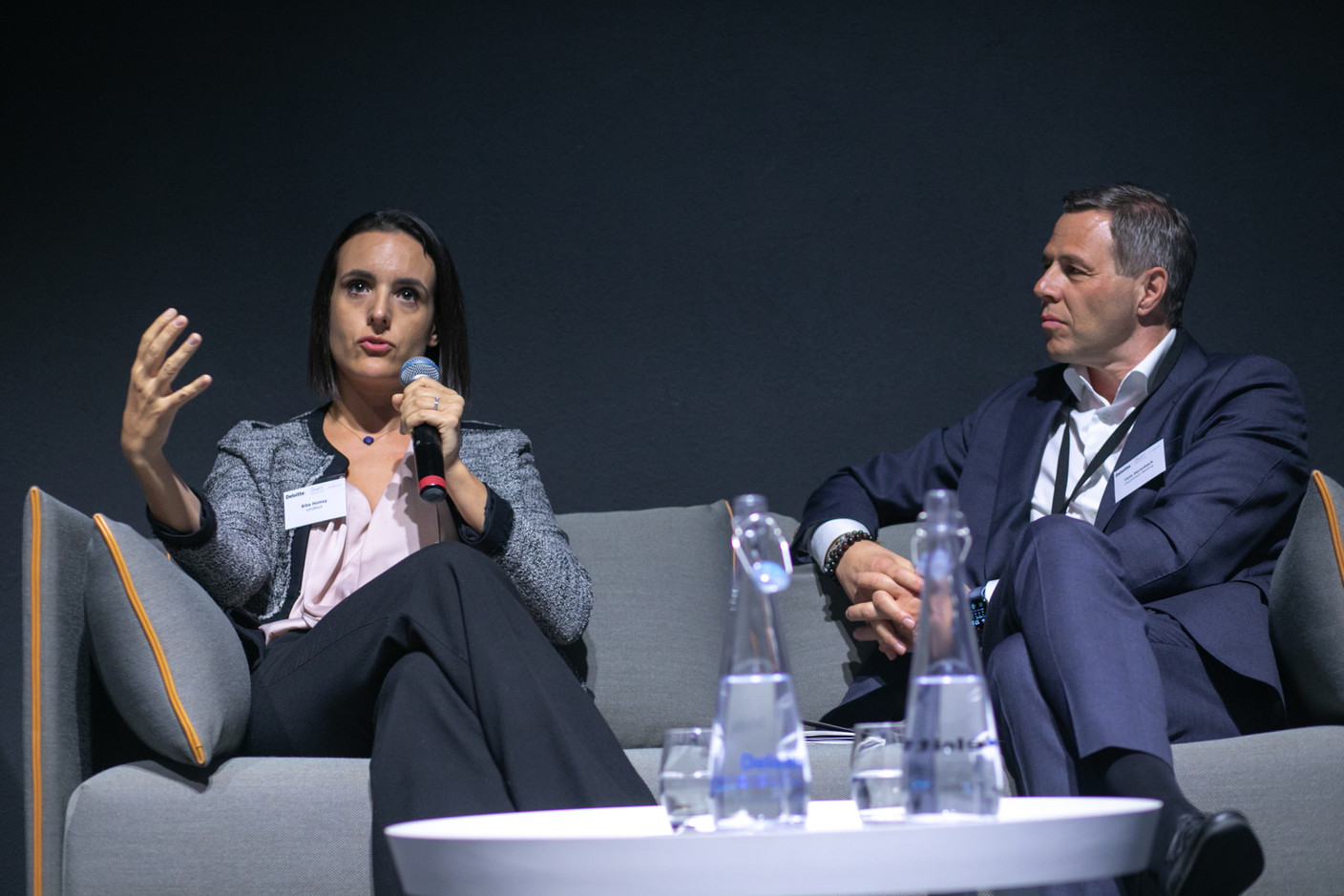 Biba Homsy of Homsy Legal and Thilo Derenbach of Clearstream seen on the “Digital Assets: What lies ahead of us within European securities landscape?” panel discussion at Deloitte’s digital assets conference, 20 April 2023. Photo: Matic Zorman / Maison Moderne