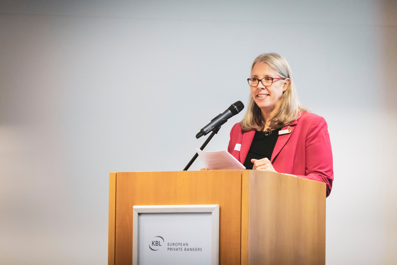 Denise Voss of Luxflag has said that article 8 funds are about process and article 9 funds are about impact. Voss is pictured speaking at a Luxflag event in 2019. Photo: Patricia Pitsch/Maison Moderne