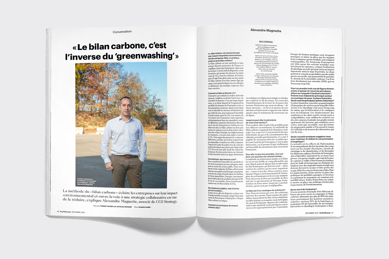 Conversation avec Alexandre Magnette (associé de CO2 Strategy), une interview réalisée par Thierry Raizer, avec Nicolas Léonard. (Illustration: Maison Moderne) 