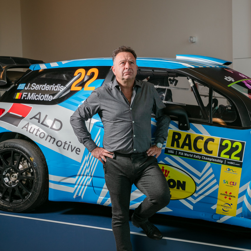 Jourdan Serderidis, head of the Arhs Group, based in Belval, poses in front of his rally car. Photo: Romain Gamba/Maison Moderne