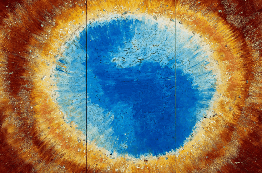 Myeung Hee PARK, pmh2024-09 MY UNIVERSE (BIG BANG) – Ring Nebula, 162 × 120 cm Ottchill (Lacker), wood, cotton, Korean pigments, mother of pearl (détail) (Photo: Artskoco)