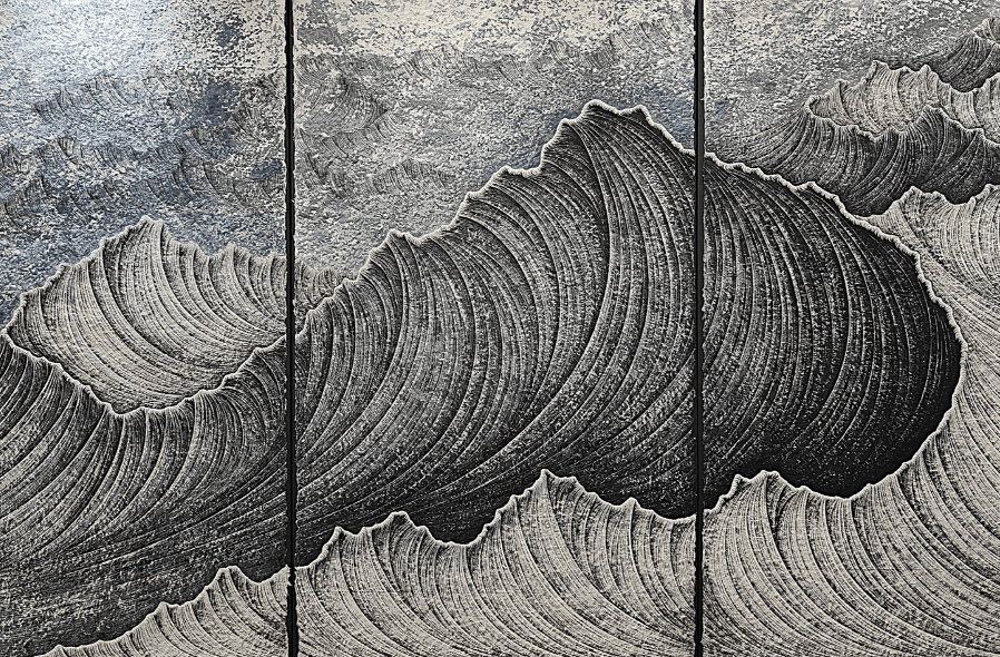HyunJoung LEE, CONTEMPLATION 2025, Papier Hanji, encre de Chine, pigments naturels Triptyque 3 fois 97 x 162= 291 x162 Photo Artskoco