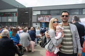 People during the coronation service screening of King Charles III and Queen Camilla at St George’s International School in Luxembourg. Pictured is Ray Zubairi (Maison Moderne) with his family. Photo: Matic Zorman / Maison Moderne