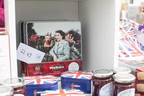 British souvenirs on display during the screening of the coronation of King Charles III and Queen Camilla. Photo: Matic Zorman / Maison Moderne