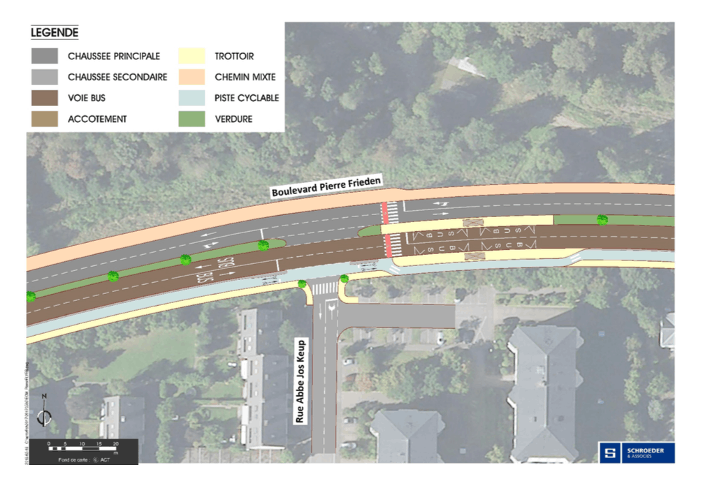 Une nouvelle voie de bus et une piste cyclable vont être ajoutées boulevard Pierre Frieden. (Illustration: Fonds Kirchberg)