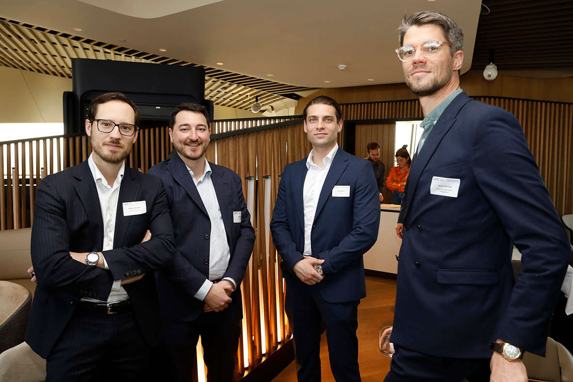 Stéphane Boixiere (Citi), Thibault Vittet (Akcean), Alex Bedlitsky (Citi) and Adrien Delivyne (Intesa Sanpaolo Wealth Management) at the event on private equity in uncertain times, hosted by Astorg and Lafo on 19 April 2023 at the SixSeven restaurant in Luxembourg. Photo: Olivier Minaire Photography