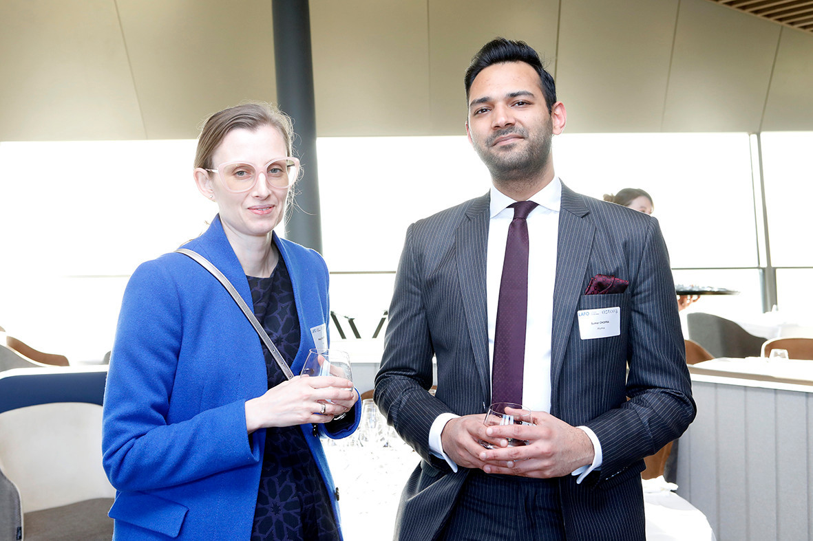 Petya Dimitrova (Atoz) and Sumer Chopra (Alumia) at the event on private equity in uncertain times, hosted by Astorg and Lafo on 19 April 2023 at the SixSeven restaurant in Luxembourg. Photo: Olivier Minaire Photography