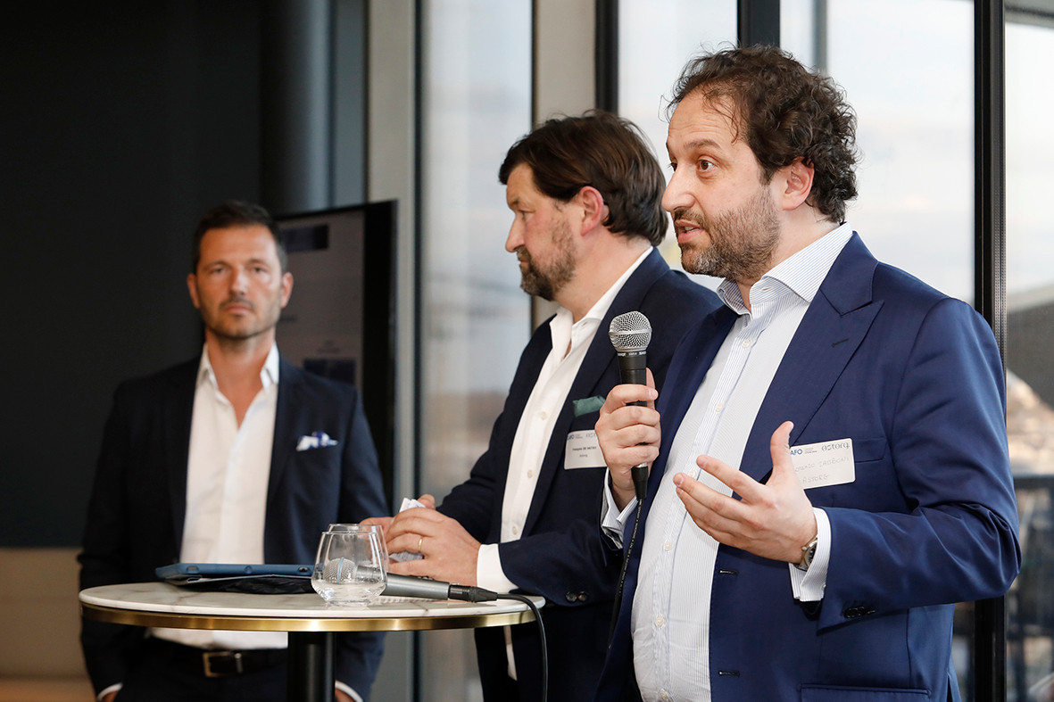 Pascal Rapallino (Verona International), François de Mitry and Lorenzo Zamboni (Astorg) at the event on private equity in uncertain times, hosted by Astorg and Lafo on 19 April 2023 at the SixSeven restaurant in Luxembourg.   Photo: Olivier Minaire Photography