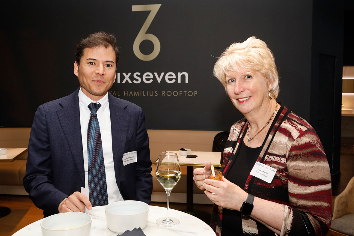 Angelo Vedovelli Ono (Lombard International Assurance) and Diane Longden (Reinet Fund Manager) at the event on private equity in uncertain times, hosted by Astorg and Lafo on 19 April 2023 at the SixSeven restaurant in Luxembourg. Photo: Olivier Minaire Photography