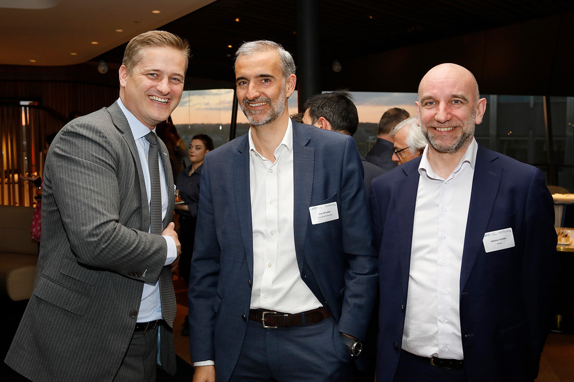 Stanislas Bunetel (Strelia), Serge Weyland (Edmond de Rothschild Asset Management) and Sébastien Fourny (KPMG) at the event on private equity in uncertain times, hosted by Astorg and Lafo on 19 April 2023 at the SixSeven restaurant in Luxembourg. Photo: Olivier Minaire Photography