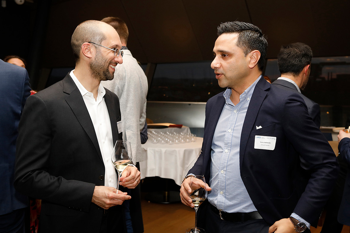 Mathieu Perfetti (Threestones Capital Management) and Shanu Sherwani (Antwort Capital) at the event on private equity in uncertain times, hosted by Astorg and Lafo on 19 April 2023 at the SixSeven restaurant in Luxembourg.  Photo: Olivier Minaire Photography