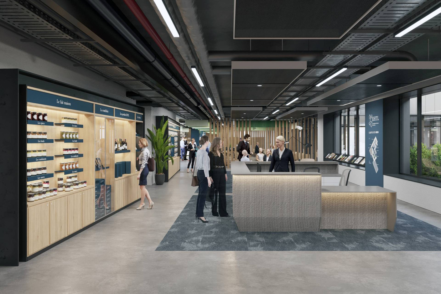 Dans le lobby, on trouvera un mur avec les produits de l’EHTL, ce qui permettra aux étudiants d’aborder les questions de marketing des produits dérivés. (Illustration : EHTL)