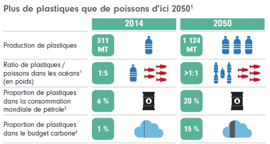 Source: Fidelity International. 1. Stocks halleutiques supposés constants (hupothèse prudente). 2 La consommation totale de pétrole devrait moins progresser (0,5% p.a.) que la production de plastiques (3,8% jusqu’en 2030, puis 3,5% jusqu’en 2050). 3. Le carbone provenant des plastiques inclut l’énergie utilisée dans la production et le carbone émis lors de l’incinération/récupération de l’énergie après utilisation. Budget carbone fondé sur le scénario des +2°