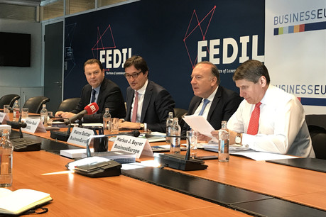 Pierre Gattaz et Markus Beyrer, respectivement président et directeur général de BusinessEurope, étaient aux côtés de Nicolas Buck et René Winkin, respectivement président et directeur de la Fedil. (Photo: Paperjam)