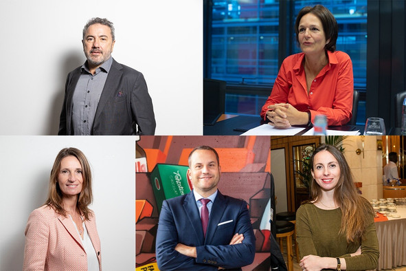 De gauche à droite, de haut en bas: Malik Zeniti (vice-président), Laurence Ponchaut (directrice), Pascale Kauffman (trésorière), Jo Clees (président) et Mathilde Brasseur (secrétaire générale). (Photos: Lëtzpac, Paperjam/archives; montage: Paperjam)