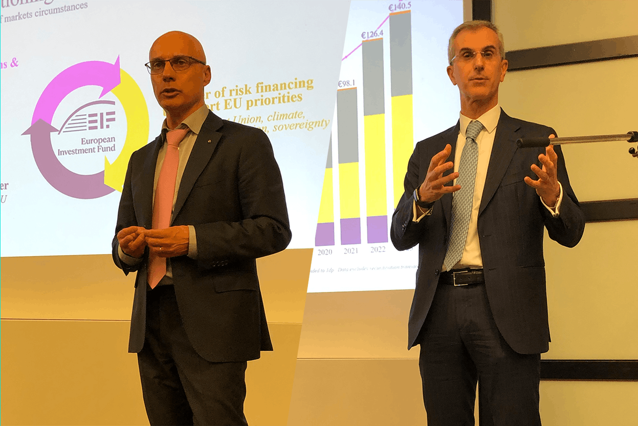Delano attended the European Investment Fund presentation: “The EIF: a 30 year (b)old investor in European private markets.” The event was hosted by the CFA Society Luxembourg on 27 February 2024. Pictured: Remi Charrier, head of institutional client relationships, and Marco Natoli, head of sustainable growth and investments and, both at EIF. Photo: Sylvain Barrette, Montage : Maison Moderne