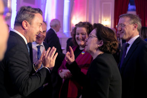 PM Xavier Bettel (front, left) is seen speaking with the French ambassador Claire Lignières-Counathe (front, right); UK ambassador Fleur Thomas (back, centre); Belgian ambassador Thomas Lambert (back, right), 20 February 2023. Photo: Matic Zorman/Maison Moderne