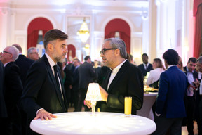 Franz Fayot, economy minister (LSAP) and Mike Koedinger, CEO of Maison Moderne and publisher of Delano & Paperjam, seen during Luxembourg for Finance’s 15th anniversary reception, 20 February 2023. Photo: Matic Zorman/Maison Moderne