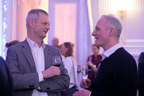 Alan Dundon, chair of the Luxembourg Alternative Administrators Association, and Aaron Grunwald, editor-in-chief of Delano.lu, are seen during Luxembourg for Finance’s 15th anniversary reception, 20 February 2023. Photo: Matic Zorman/Maison Moderne
