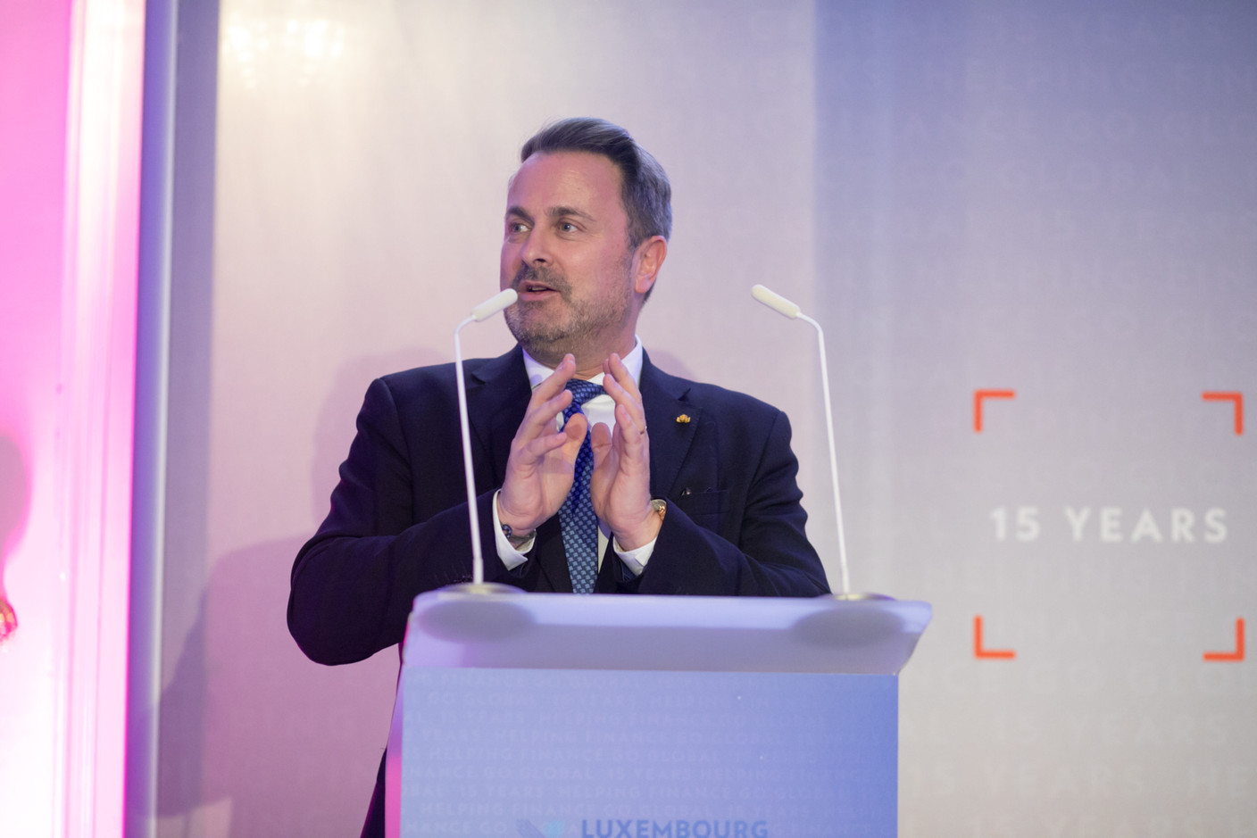 Xavier Bettel, the prime minister (DP), is seen speaking during Luxembourg for Finance’s 15th anniversary reception, 20 February 2023. Photo: Matic Zorman/Maison Moderne