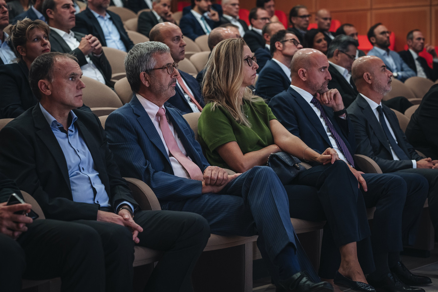 From left to right: Daniel Scuto (Banque Internationale à Luxembourg), Serge de Cillia (independent board member), Maria Furtado (managing director Banco Votorantim, Luxembourg branch), Andrea Gentilini (CSSF) and Vincenzo Dimase (LSEG) at the LFMA’s Forward Financial Thinking Forum, held on 12 September 2023 at the Mudam.  Photo: Sabino Parente