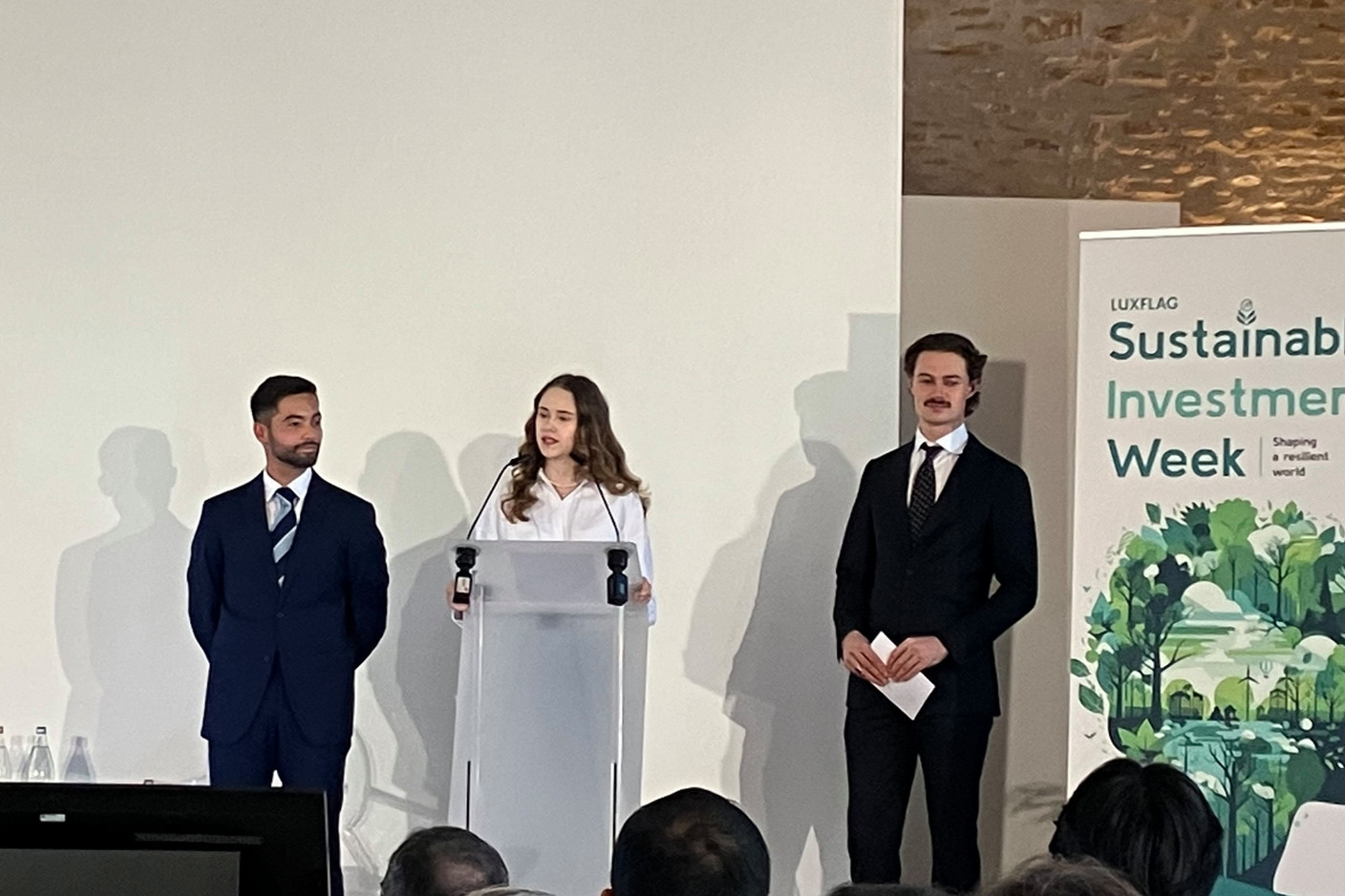 L to r: Matteo Russo, Daria Amelina and Ruben Jurgens are students attending the master’s degree in wealth management at the University of Luxembourg and part of the “new generation” interested in impact investing. Photo: Lydia Linna/Maison Moderne
