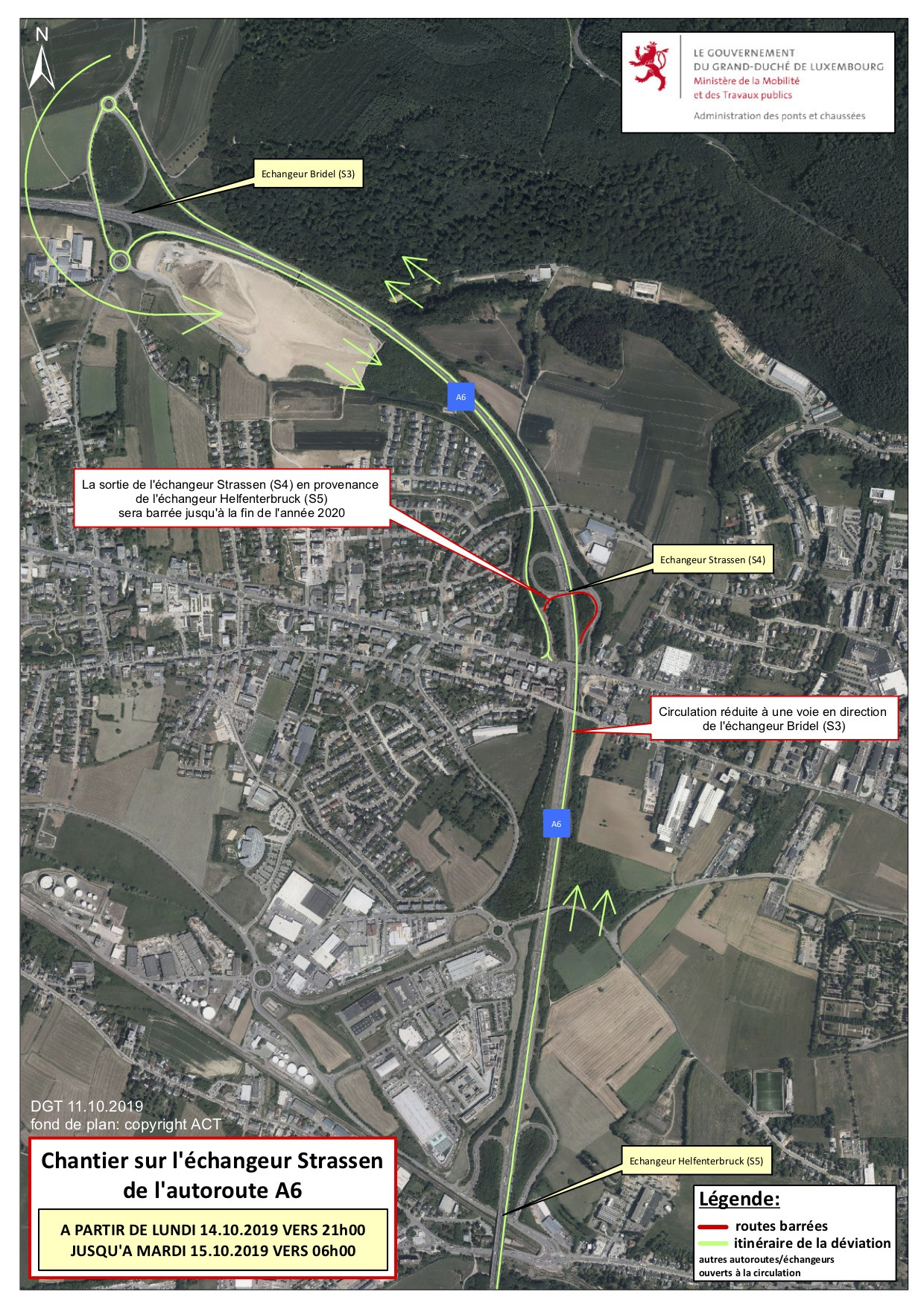 La bretelle de sortie de l’échangeur Strassen en provenance de l’échangeur Helfenterbruck sera fermée à la circulation jusqu’à fin 2020. (Photo: Administration des ponts et chaussées)