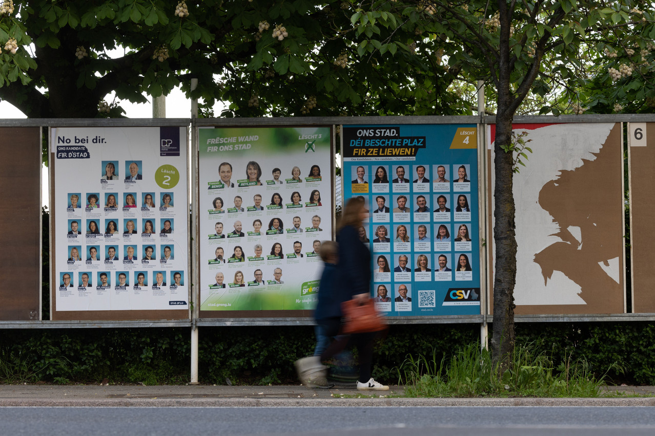 Official campaign posters seen in Luxembourg City, 14 May 2023. Photo: Guy Wolff/Maison Moderne