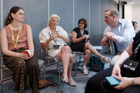 Pauline Vogel (Paperjam) and Esther Celosse (Return2Career) on the left, and Davy De Regge (IConnect) on the right. (Photo: Jan Hanrion/Paperjam)