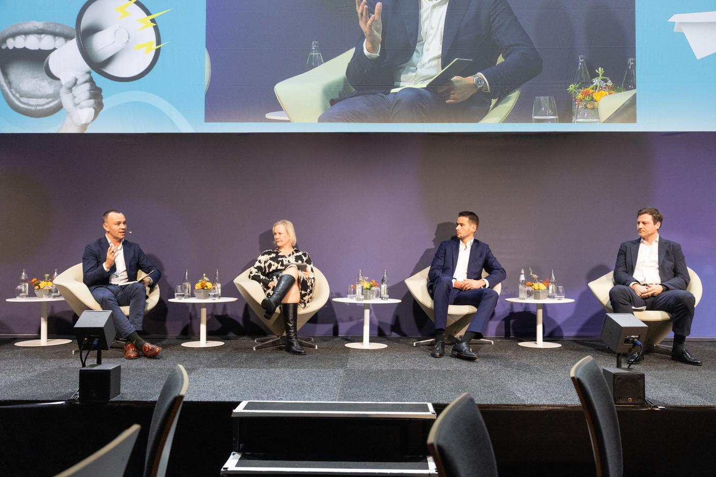 Sam Boughton (Moonfare), Martine Kerschenmeyer (Advent International), Benjamin Sabatier (Sofina) and Christophe de Dardel (Unigestion) spoke on a panel on how to build and nurture investor confidence at the LPEA Insights conference at Luxexpo, 17 October 2024. Photo: Eva Krins/Maison Moderne