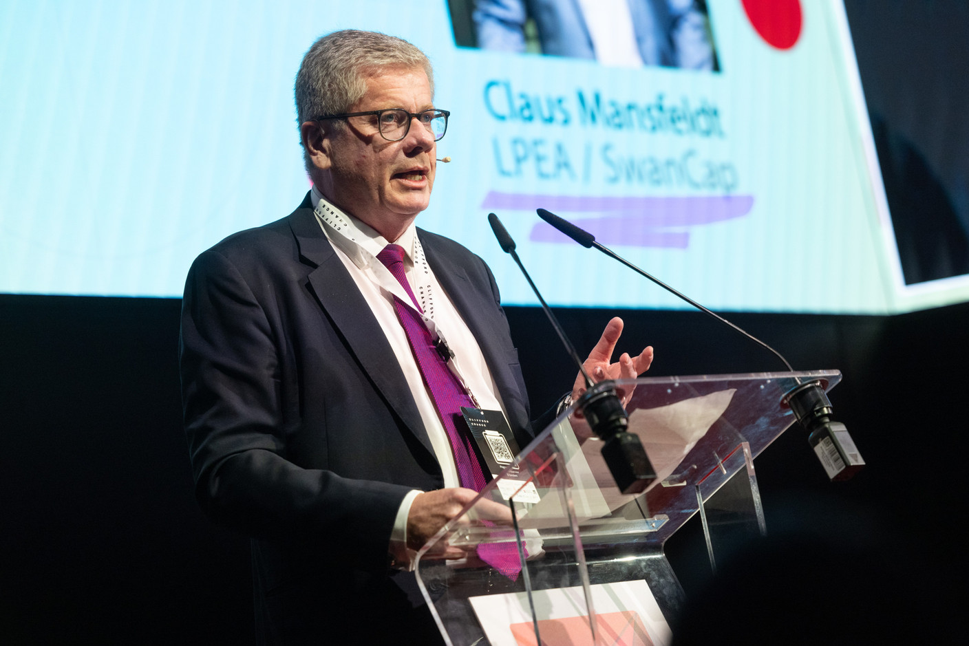 LPEA president Claus Mansfeldt gave introductory remarks during the association’s Insights conference on 19 October 2023, Luxexpo. “Evidence suggests that private equity is alpha over public markets and is maximised during downturns,” he said. Photo: Guy Wolff/Maison Moderne