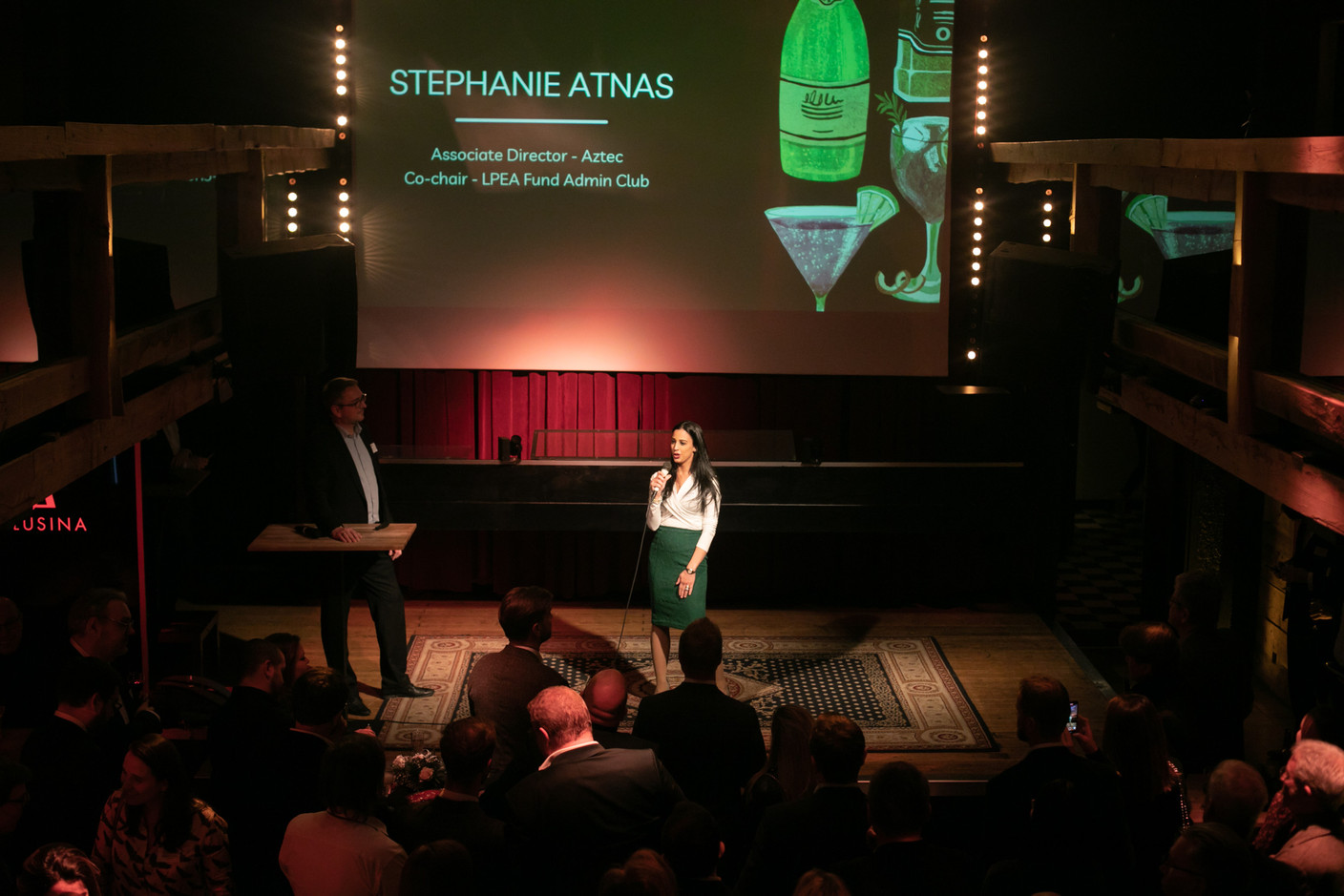 Stephanie Atnas, Aztec's associate director and co-chair of the LPEA Fund Admin Club, speaking at the LPEA's New Year's event. The reception took place on 19 January 2023 at Melusina. Matic Zorman / Maison Moderne