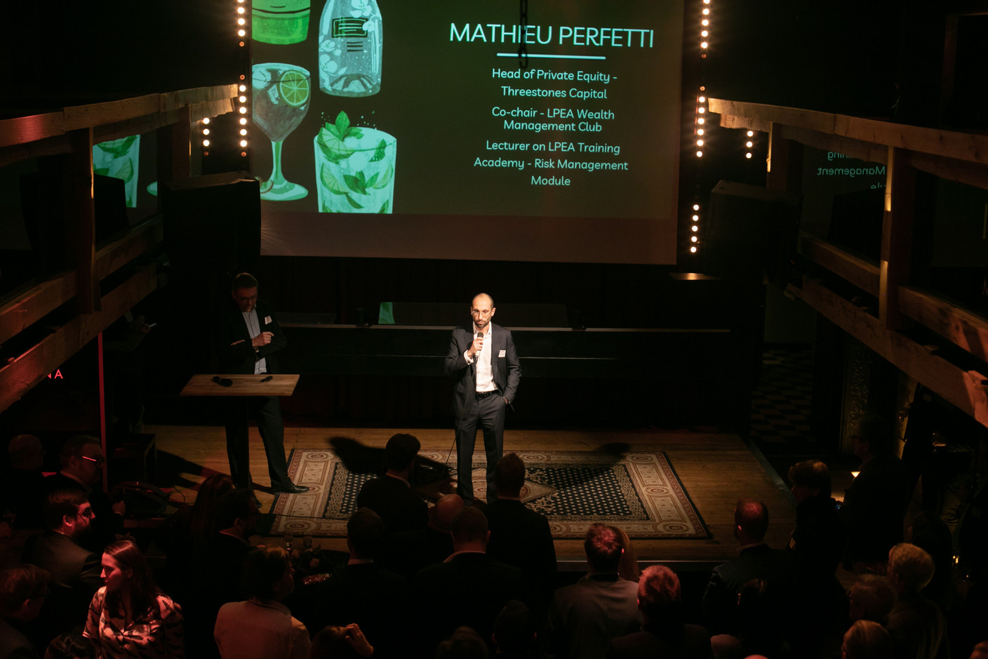 Mathieu Perfetti, head of private equity at Threestones Capital, co-chair of the LPEA wealth management club and LPEA lecturer on risk management, speaking at the LPEA's New Year's reception on 19 January at Melusina. Matic Zorman / Maison Moderne