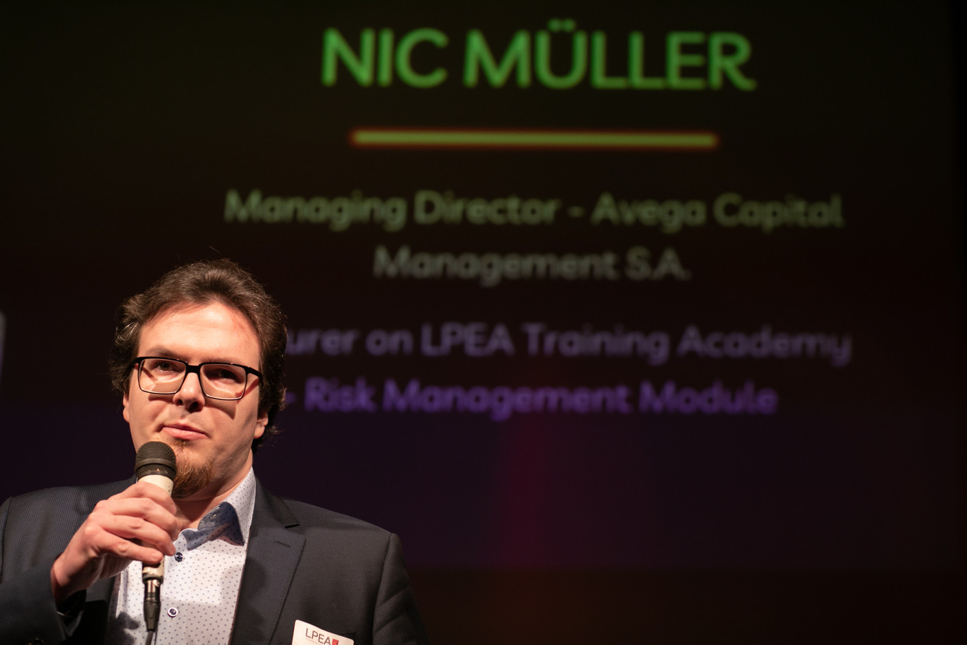 Nic Müller, Avega Capital managing director, speaking at the LPEA's New Year's reception on 19 January 2023 at Melusina. Matic Zorman / Maison Moderne