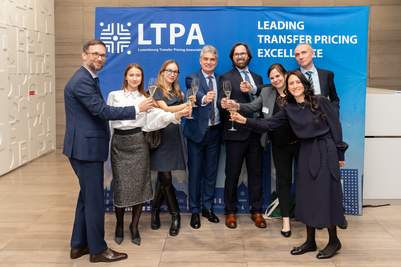 L to r: Michal Stepien (DLA Piper), Tetiana Polonska (Triton Partners), Michelle Saifullina (Quintet Private Bank), Gianluca Orsucci (Ferrero), Pierre-Alexis Recroix (LTPA/IQ-EQ), Sophie Balliet (A&O Shearman), Alexander Kruglov (SES) and Vanessa Ramos Ferrín (LTPA/Transfair Pricing Solutions) at the official launch ceremony of the Luxembourg Transfer Pricing Association, held at A&O Shearman, 25 February 2025. Photo: Emmanuel Claude/Focalize