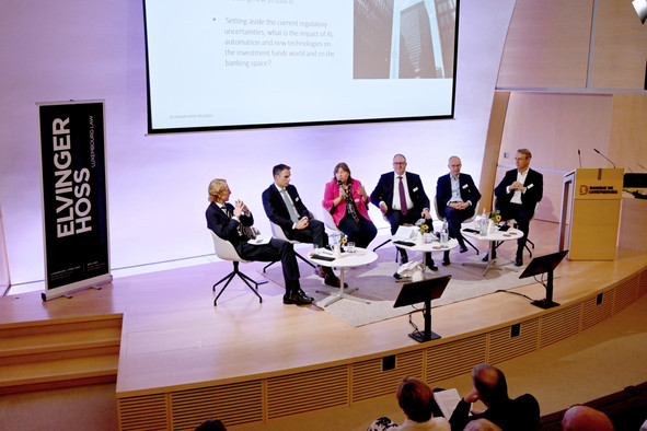 Elvinger Hoss Prussen organised a conference dedicated to the future of Luxembourg’s financial centre at the Banque de Luxembourg on 7 June 2023. The panel discussion featured, from left to right: Henri Wagner (Elvinger Hoss Prussen), Jerry Grbic (ABBL), Corinne Lamesch (Alfi), Pierre Ahlborn (Banque de Luxembourg), Luc Frieden (former finance minister, CSV lead candidate) and Pit Reckinger (Elvinger Hoss Prussen). Photo: Jesper Pedersen/Elvinger Hoss Prussen