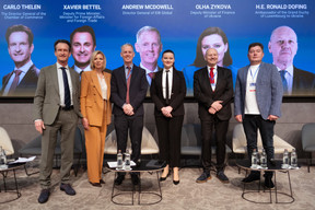 Carlo Thelen (Luxembourg Chamber of Commerce), Evgenia Paliy (Luxembourg-Ukraine Chamber of Commerce), Andrew McDowell (EIB Global), Olga Zykova (deputy finance minister of Ukraine), Ronald Dofing (ambassador of Luxembourg to Ukraine) and Gabriel Mykhaylov (deputy of Kharkiv City Council). Photo: Ali Sahib