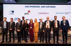 Oleksandr Kurdydyk (DLA Piper), Orest Tokač (DG Near), Kristina Mikulova (EIB), Violaine Silvestro Von Kameke (EIB Global), Evgenia Paliy (Luxembourg-Ukraine Chamber of Commerce), Todd Bradshaw (PWC), Jan Willems (Clearstream), Lucas Novelle Araújo (PWC), Serhiy Tereshko (mission of Ukraine to the EU). Photo: Kateryna Mostova