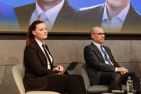 Olga Zykova, Ukraine’s deputy finance minister, and Todd Bradshaw, partner at PWC Central & Eastern Europe, at the third Ukraine Resilience Business Forum, held at the Luxembourg Chamber of Commerce, 5 March 2025.  Photo: Kateryna Mostova