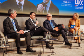 Lionel Rapaille (EIB Global), Orest Tokač (directorate-general for neighbourhood and enlargement negotiations, European Commission), Carmine Robustelli (ambassador of Italy to Luxembourg) and Evgenia Paliy (Luxembourg-Ukraine Chamber of Commerce). Photo: Kateryna Mostova