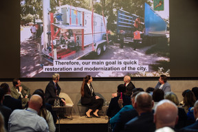 A video about the restoration and modernisation of Kharkiv in northeastern Ukraine (following Russian attacks on the city) was shown during the third Ukraine Resilience Business Forum, 5 March 2025.  Photo: Kateryna Mostova