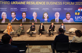 Evgenia Paliy (Luxembourg-Ukraine Chamber of Commerce), Carlo Thelen (Luxembourg Chamber of Commerce), Andrew McDowell (EIB Global), Olga Zykova (deputy finance minister of Ukraine), Ronald Dofing (ambassador of Luxembourg to Ukraine) and Gabriel Mykhaylov (deputy of Kharkiv City Council). Photo: Kateryna Mostova