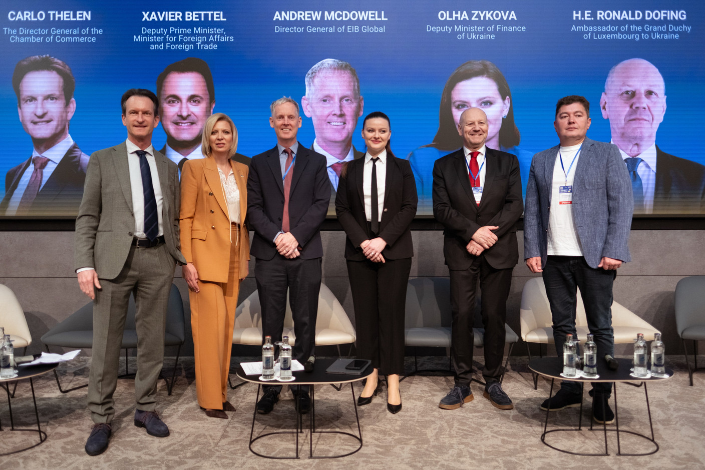 Carlo Thelen (Luxembourg Chamber of Commerce), Evgenia Paliy (Luxembourg-Ukraine Chamber of Commerce), Andrew McDowell (EIB Global), Olga Zykova (deputy finance minister of Ukraine), Ronald Dofing (ambassador of Luxembourg to Ukraine) and Gabriel Mykhaylov (deputy of Kharkiv City Council). Photo: Ali Sahib