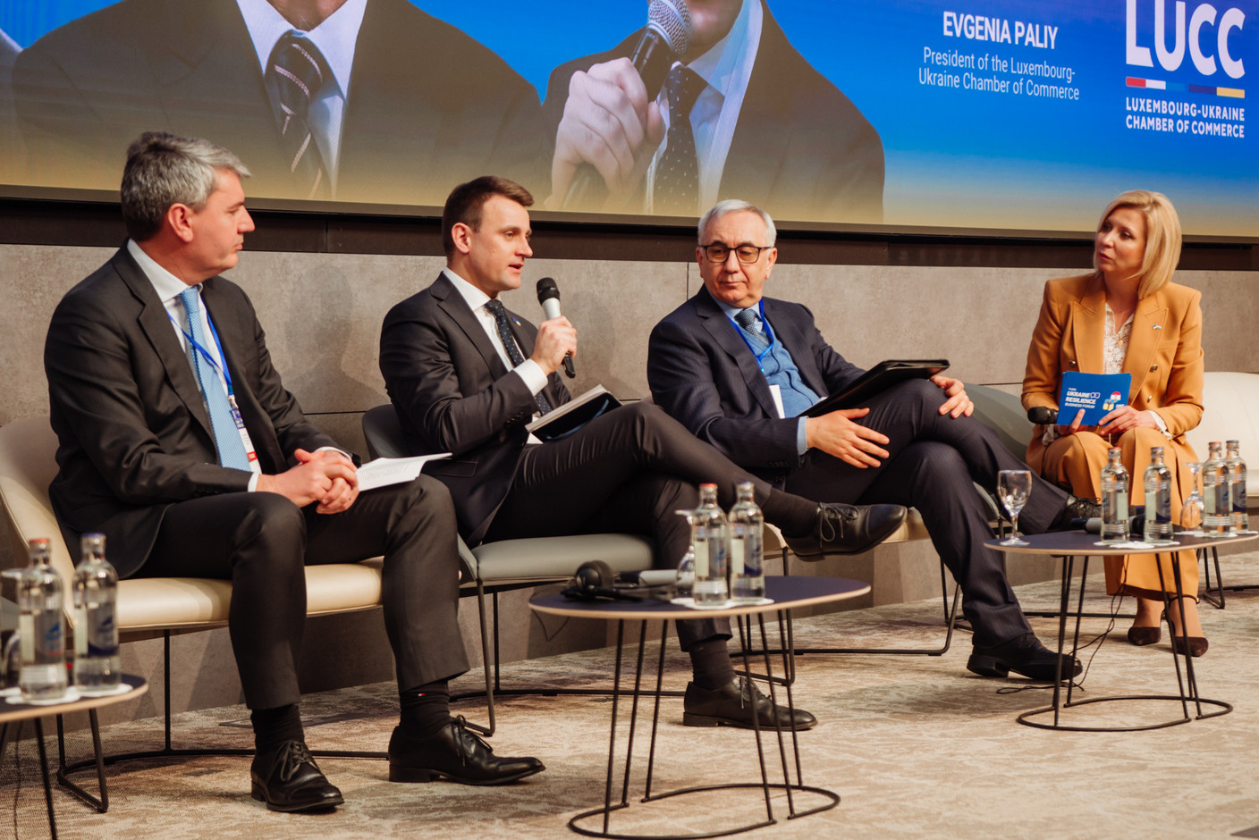 Lionel Rapaille (EIB Global), Orest Tokač (directorate-general for neighbourhood and enlargement negotiations, European Commission), Carmine Robustelli (ambassador of Italy to Luxembourg) and Evgenia Paliy (Luxembourg-Ukraine Chamber of Commerce). Photo: Kateryna Mostova