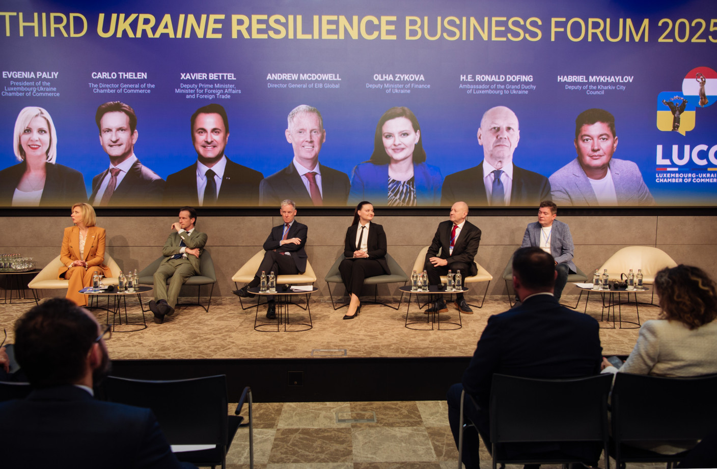 Evgenia Paliy (Luxembourg-Ukraine Chamber of Commerce), Carlo Thelen (Luxembourg Chamber of Commerce), Andrew McDowell (EIB Global), Olga Zykova (deputy finance minister of Ukraine), Ronald Dofing (ambassador of Luxembourg to Ukraine) and Gabriel Mykhaylov (deputy of Kharkiv City Council). Photo: Kateryna Mostova