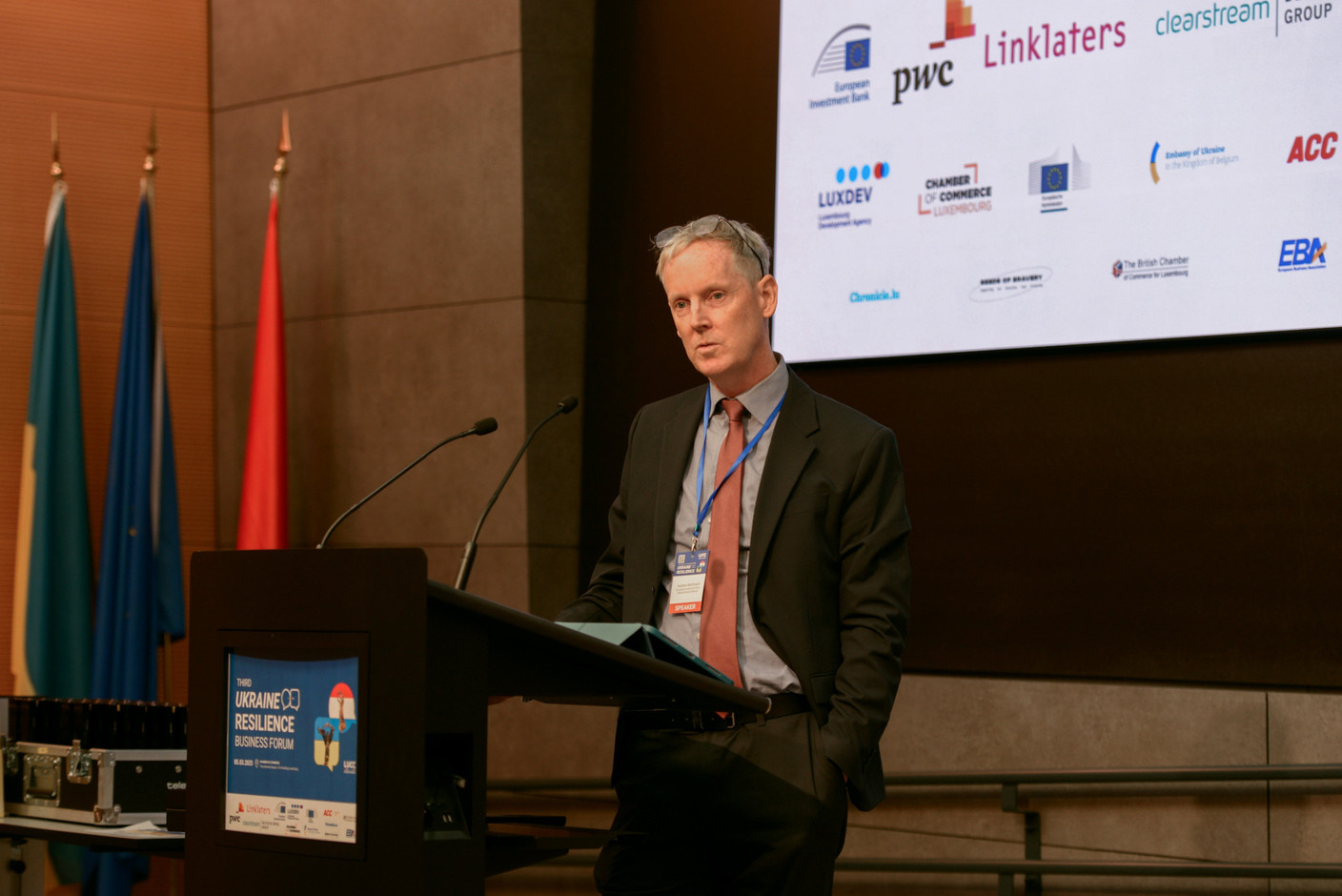 Andrew McDowell (director-general, EIB Global) at the third Ukraine Resilience Business Forum, 5 March 2025. The European Commission and EIB Group on 6 March signed a €2bn guarantee under the Ukraine Facility to support the country’s reconstruction and resilience. Photo: Kateryna Mostova