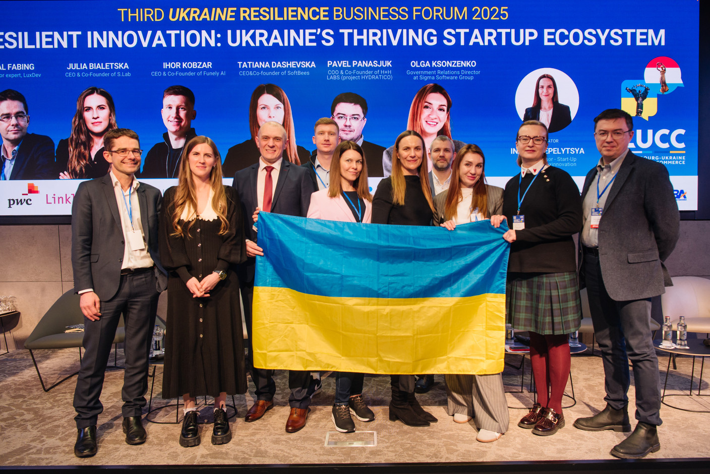 Pascal Fabing (Luxdev), Julia Bialetska (S. Lab), Ihor Kobzar (Funely AI), Tatiana Dashevska (Softbees), Inna Perepelytsya (Luxinnovation), Olga Ksonzekno (Sigma Software Group) and Pavel Panasjuk (H+H Labs) shared their perspective on Ukraine’s startup ecosystem during the third edition of the Ukraine Resilience Business Forum, organised by the Luxembourg-Ukraine Chamber of Commerce, 5 March 2025. Photo: Kateryna Mostova