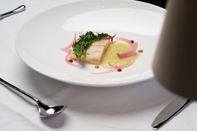 Omble de rivière «mi-cuit» avec une crème de broccolo fioalaro et de la confiture d’oignon rouge. (Photo: Kevin Eiffener/Mikado)